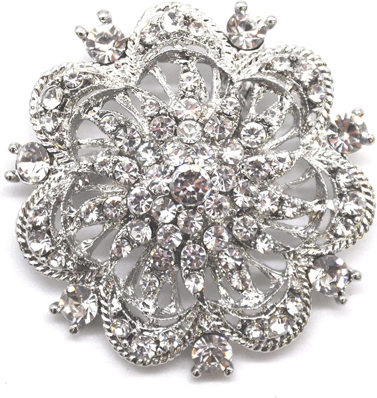 Belagio Rhinestone Brooch, 2" Diameter, 1 Piece, Royal Flower, Silver/Crystal